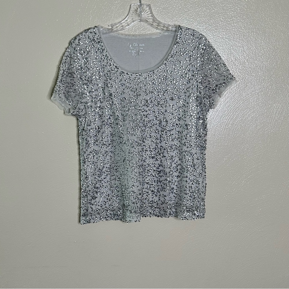 Chico's Shimmering Silver Short Sleeve Top